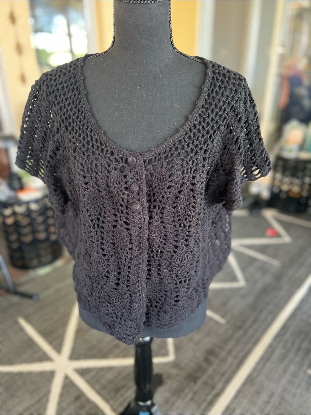 Avenue Black Crochet Short-Sleeve Cardigan